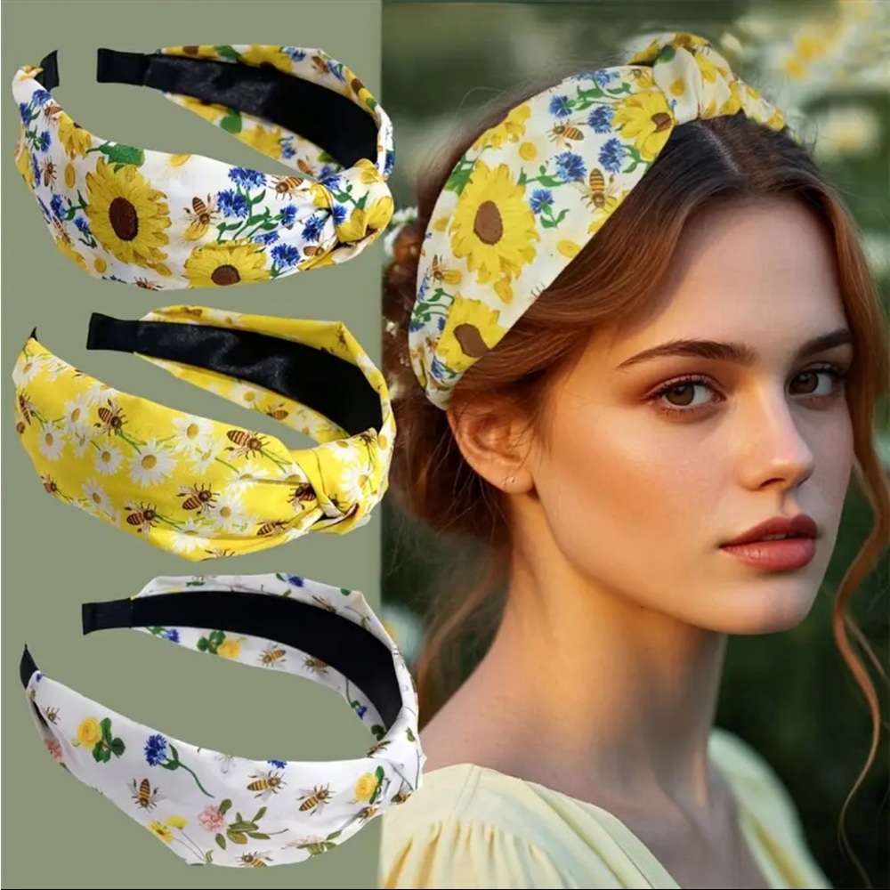 💖 3/$30 💖 Sunflowers & Bees Print Floral Knotted Headband - Picture 2 of 5